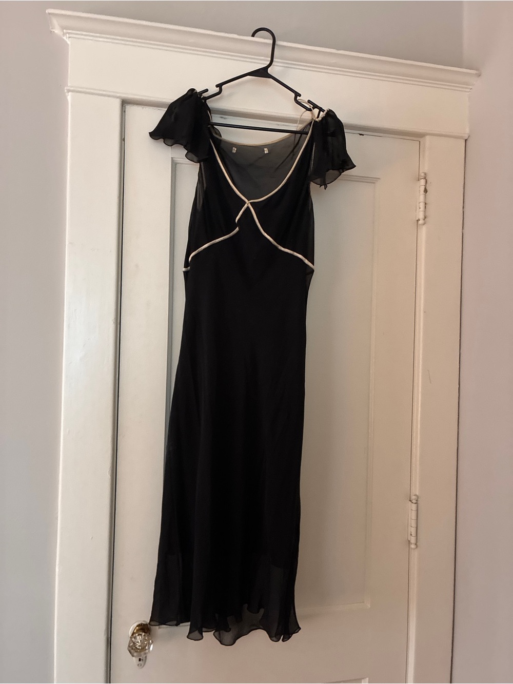 Black Sheer-Trim Slip Dress with Ruffle Sleeves